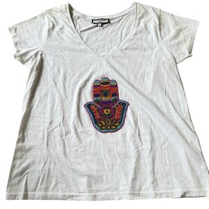 Gold & Silver Paris White V-Neck T-Shirt Beaded Hamsa Hand Boho Festival Top